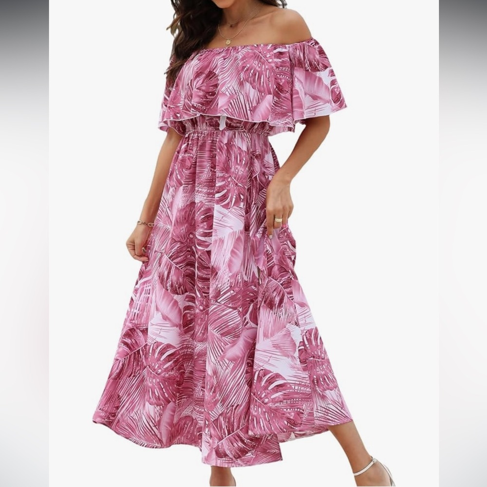 Soft Pink Off-Shoulder Maxi Dress with Slit size XL